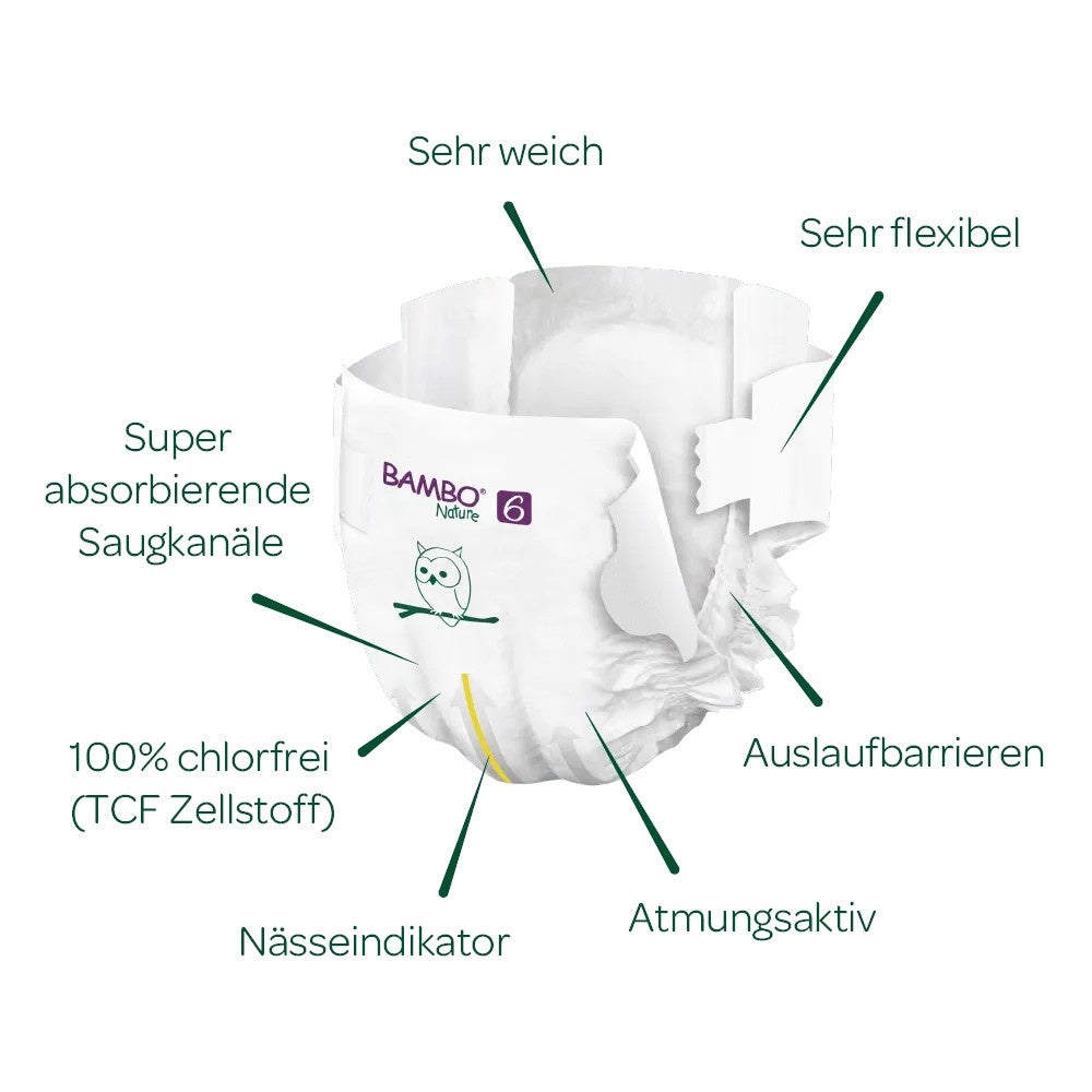 Bamboo Nature Windeln der Größe 6 (XXL, 16+ kg) in einer umweltfreundlichen Verpackung. Die Windeln sind in einem frischen, modernen Design abgebildet und zeigen eine matte Oberfläche mit zwei Banderolen an den Seiten. Der Hintergrund ist hell und freundlich, ideal für nachhaltige Produkte. Auf der Verpackung sind klare Informationen über die Größe und Eignung für große Babys und Kleinkinder zu erkennen. Diese Windeln werden als hautfreundlich und umweltfreundlich beworben.