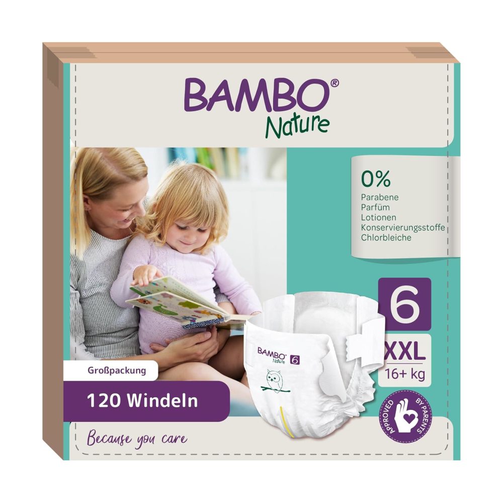 Produktbild von Bambo Nature Windeln Größe 6 (XXL, für Kinder von 16 kg und mehr) in einem Karton. Der Karton ist umweltfreundlich gestaltet, mit einem hellen grünen und weißen Design, das das nachhaltige Konzept der Marke unterstreicht. Auf der Vorderseite sind die Windeln abgebildet, umgeben von bunten Illustrationen von Kindern und Tieren. Zusätzlich sind wichtige Produktinformationen und Zertifikate für Hautfreundlichkeit und Umweltfreundlichkeit sichtbar.