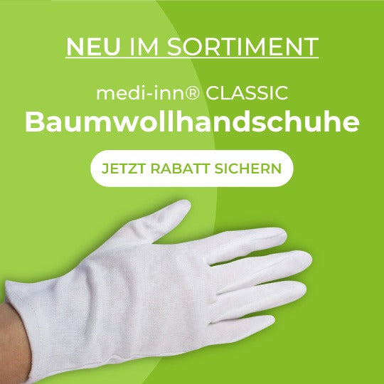 Mobiles Banner: medi-inn® CLASSIC Baumwollhandschuhe – Neu im Sortiment, weißer Baumwollhandschuh, Button „Jetzt Rabatt sichern“