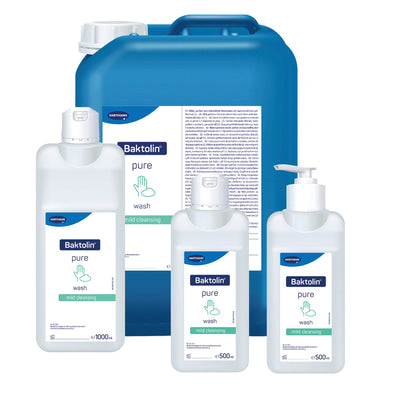 Produktübersicht der Baktolin pure Waschlotion – 500 ml, 1000 ml, Spenderflasche und 5-Liter-Kanister für professionelle Anwendungen