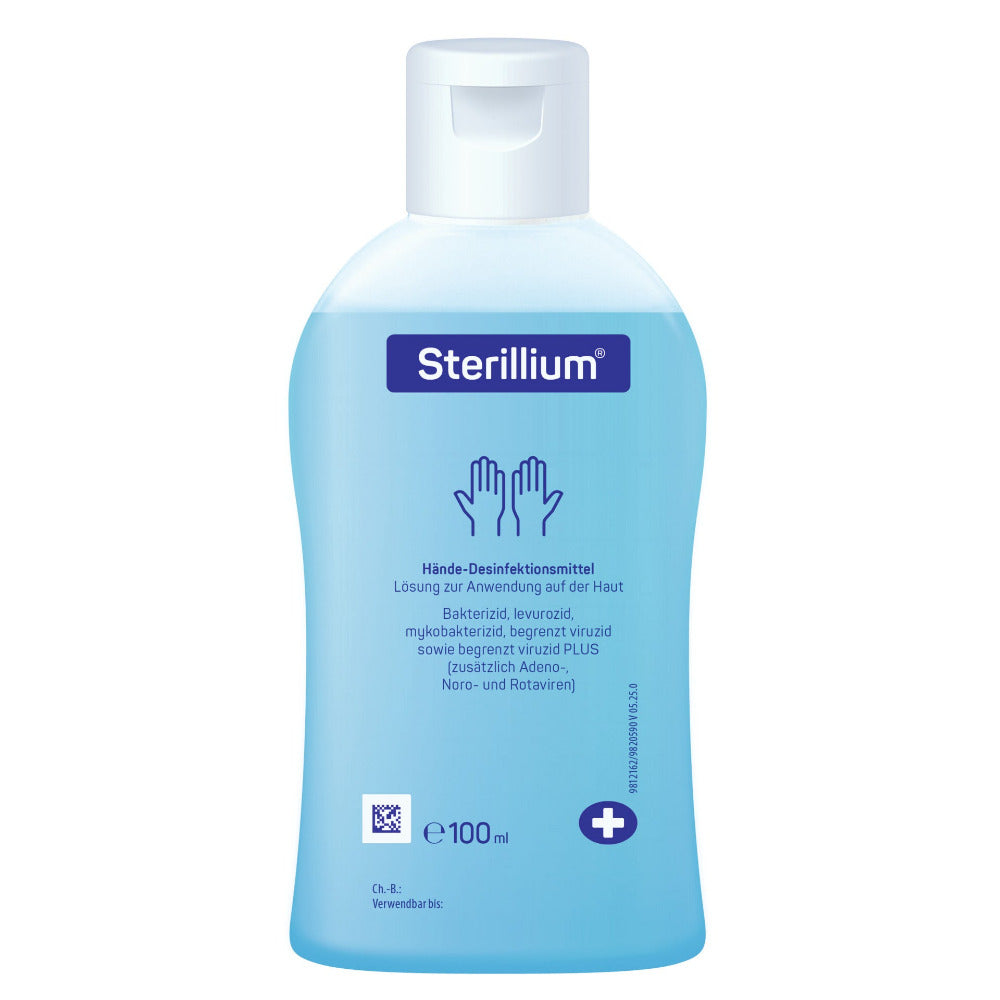 Kleine blaue Sterillium Flasche mit weißem Klappdeckel und Frontetikett, 100 ml, freigestellt auf weiß.