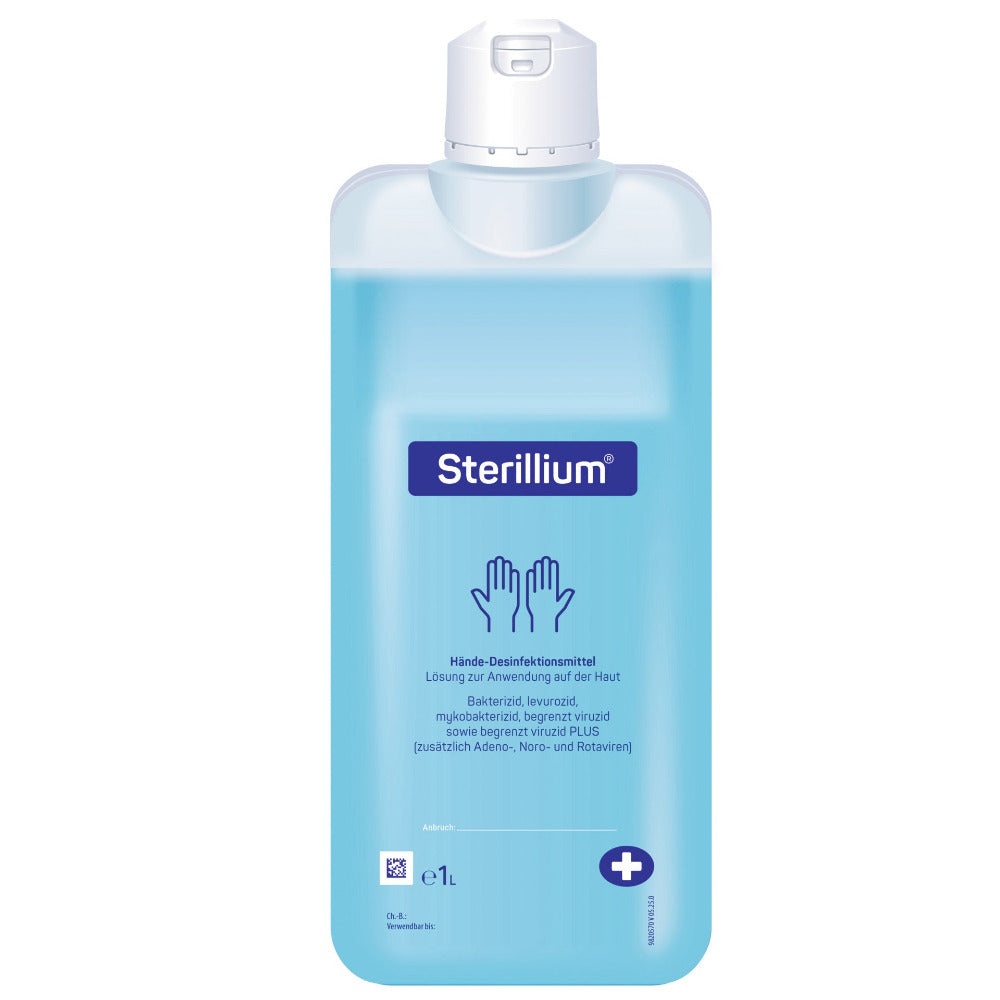 Große blaue Sterillium Flasche mit weißem Klappverschluss und Frontetikett, 1 Liter, freigestellt auf weiß.