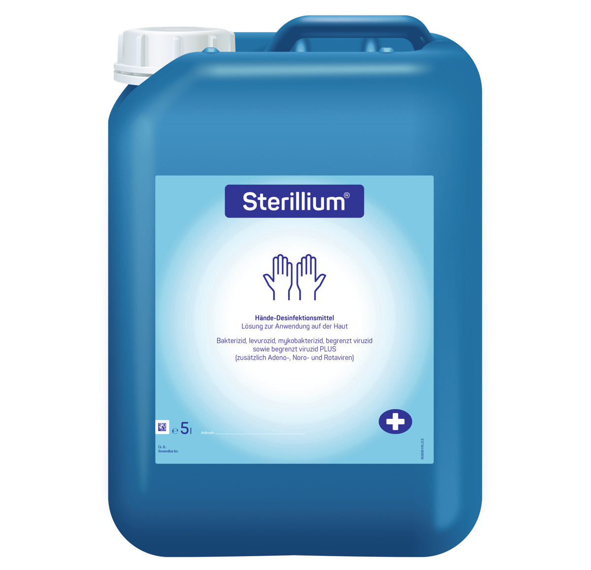 Großer Kainster Sterillium mit weißem Schraubdeckel und Frontetikett, 5 Liter, freigestellt auf weiß.