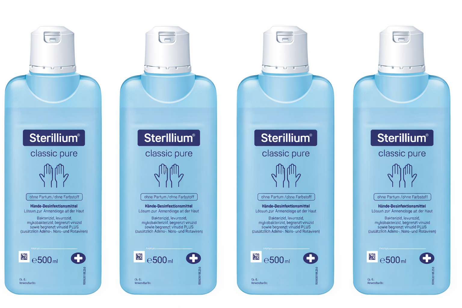 Vier Sterillium classic pure 500 ml Flaschen im neuen Design, nebeneinander auf weißem Hintergrund angeordnet.