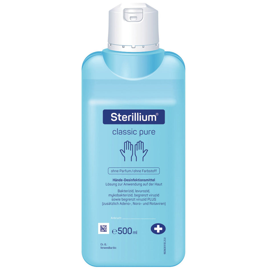 Sterillium classic pure 500 ml Händedesinfektionsmittel, blaue Flasche mit weißem Klappverschluss, neues Design.