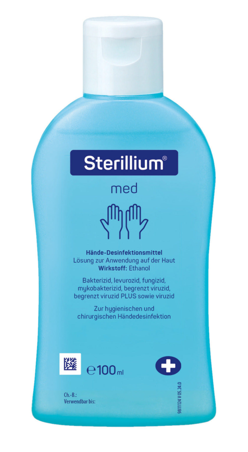 Sterillium med Händedesinfektion in 100-ml-Flasche mit blauem Inhalt und weißem Verschluss.