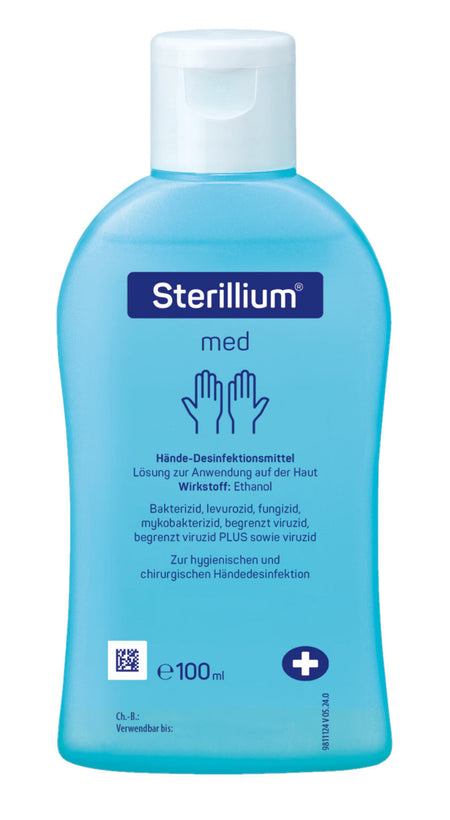 Sterillium med Händedesinfektion in 100-ml-Flasche mit blauem Inhalt und weißem Verschluss.