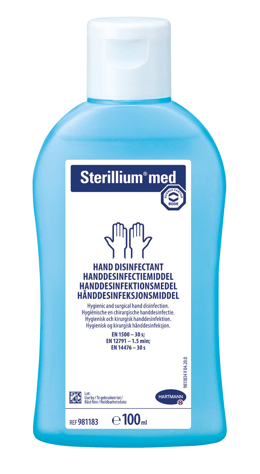Das Bild zeigt eine Flasche des Produkts "Bode Sterillium med", einem Desinfektionsmittel in der Größe von 100 ml. Die Flasche ist transparent und hat einen weißen Deckel, der im oberen Bereich leicht abgerundet ist. Auf dem Etikett sind farbige Informationen über das Produkt abgebildet, darunter der Markenname "Bode" und die Bezeichnung "Sterillium med" in auffälliger Schrift. Das Hintergrunddesign ist schlicht und hell, wodurch die Flasche gut zur Geltung kommt.