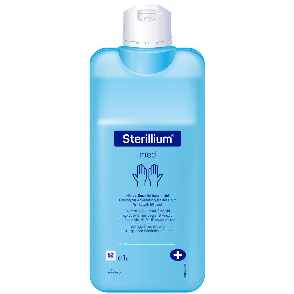 Sterillium med Händedesinfektion in 1-Liter-Flasche mit blauem Inhalt und weißem Verschluss.