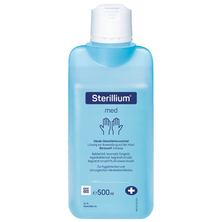 Sterillium med Händedesinfektion in 500-ml-Flasche mit blauem Inhalt und weißem Verschluss.