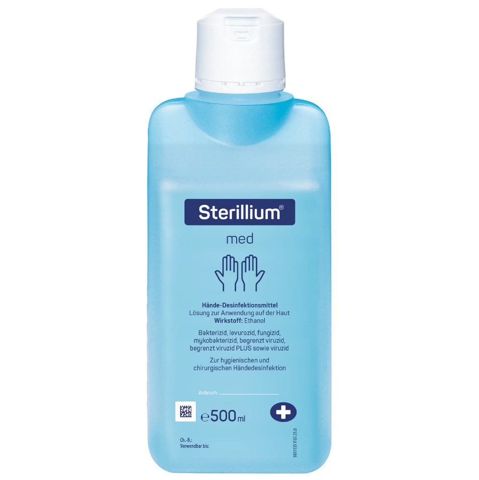 Sterillium med Händedesinfektion in 500-ml-Flasche mit blauem Inhalt und weißem Verschluss.
