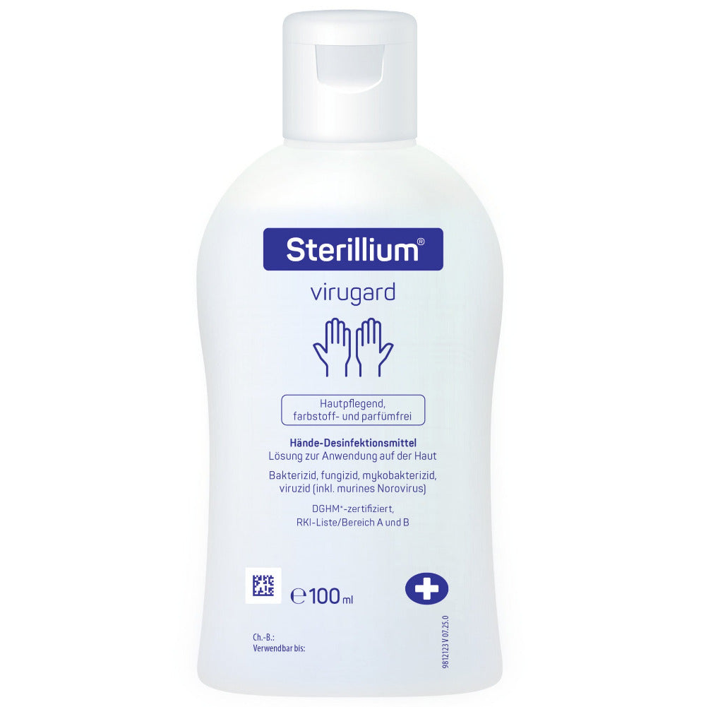 Sterillium Virugard Händedesinfektionsmittel in 100-ml-Flasche, farbstoff- und parfümfrei.