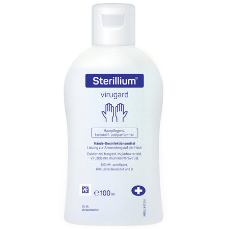 Sterillium Virugard Händedesinfektionsmittel in 100-ml-Flasche, farbstoff- und parfümfrei.