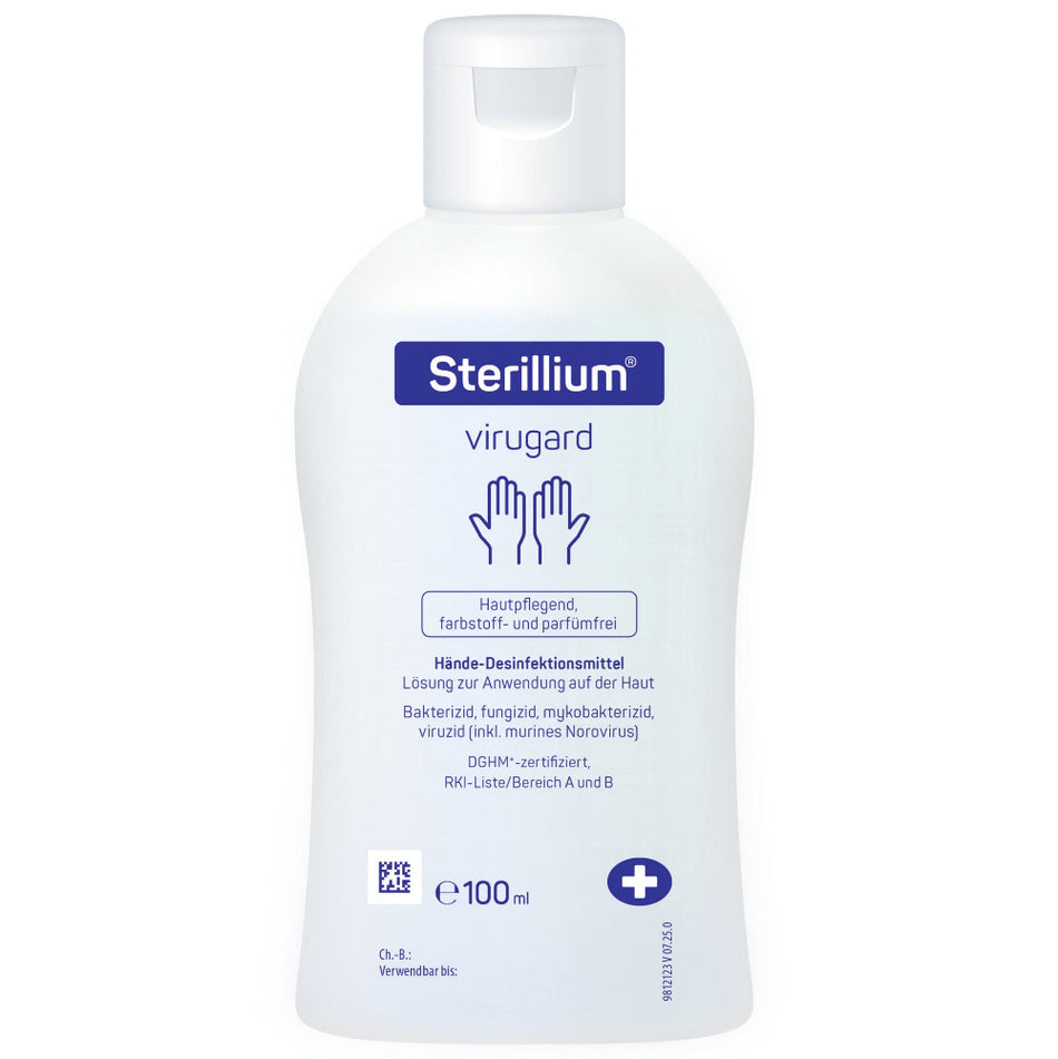 Sterillium Virugard Händedesinfektionsmittel in 100-ml-Flasche, farbstoff- und parfümfrei.