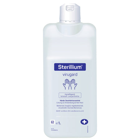 Sterillium Virugard Händedesinfektionsmittel in 1-Liter-Flasche, farbstoff- und parfümfrei.