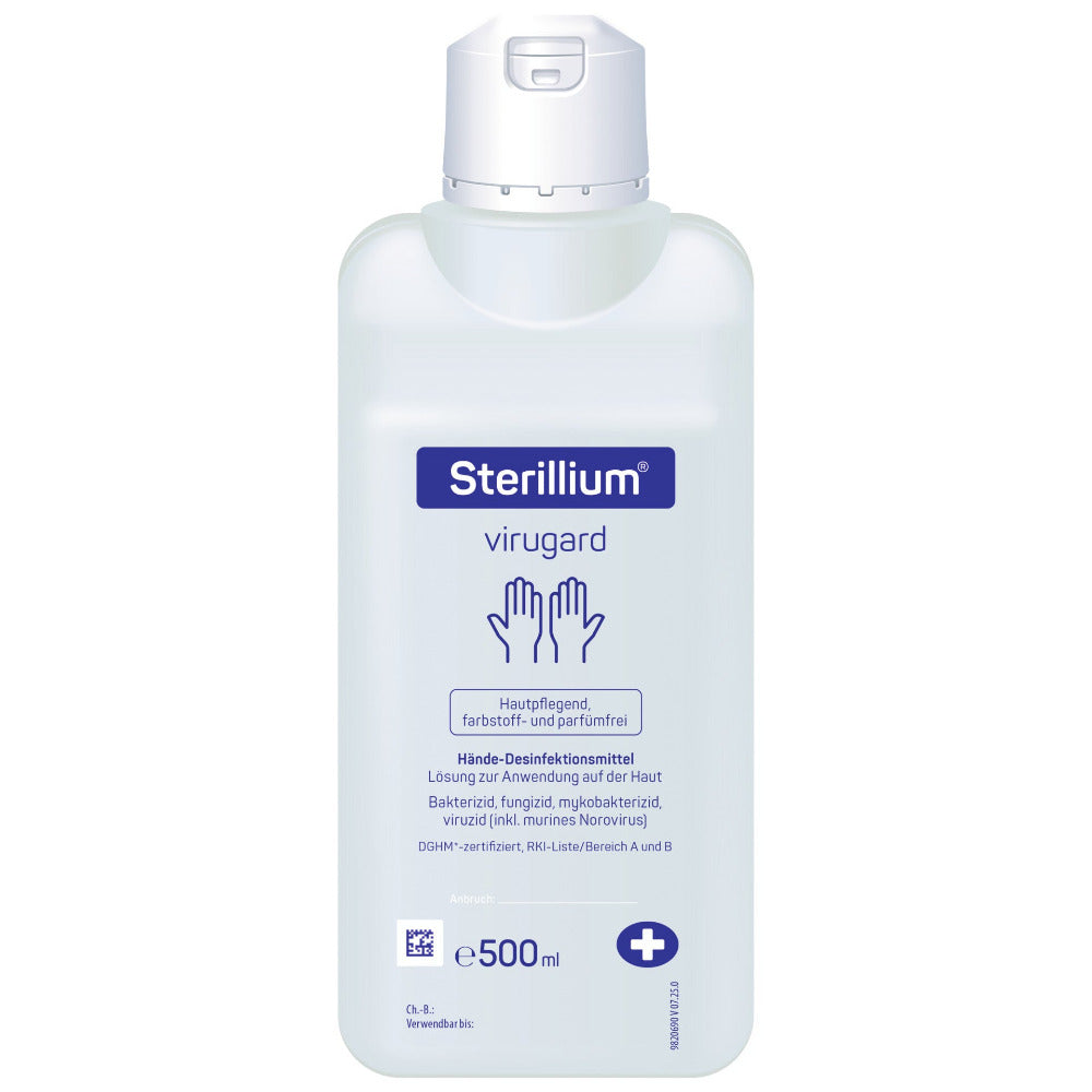 Sterillium Virugard Händedesinfektionsmittel in 500-ml-Flasche, farbstoff- und parfümfrei.