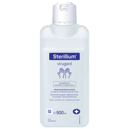 Sterillium Virugard Händedesinfektionsmittel in 500-ml-Flasche, farbstoff- und parfümfrei.