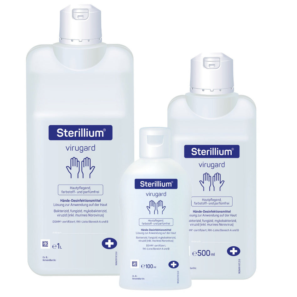Sterillium Virugard Händedesinfektionsmittel in 100 ml, 500 ml und 1 Liter im Größenvergleich.
