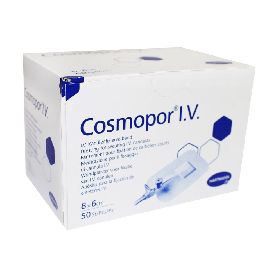 Verpackung des Cosmopor® I.V. Pflasters (8 × 6 cm, 50 Stück) in Weiß mit blauer Aufschrift von Hartmann.