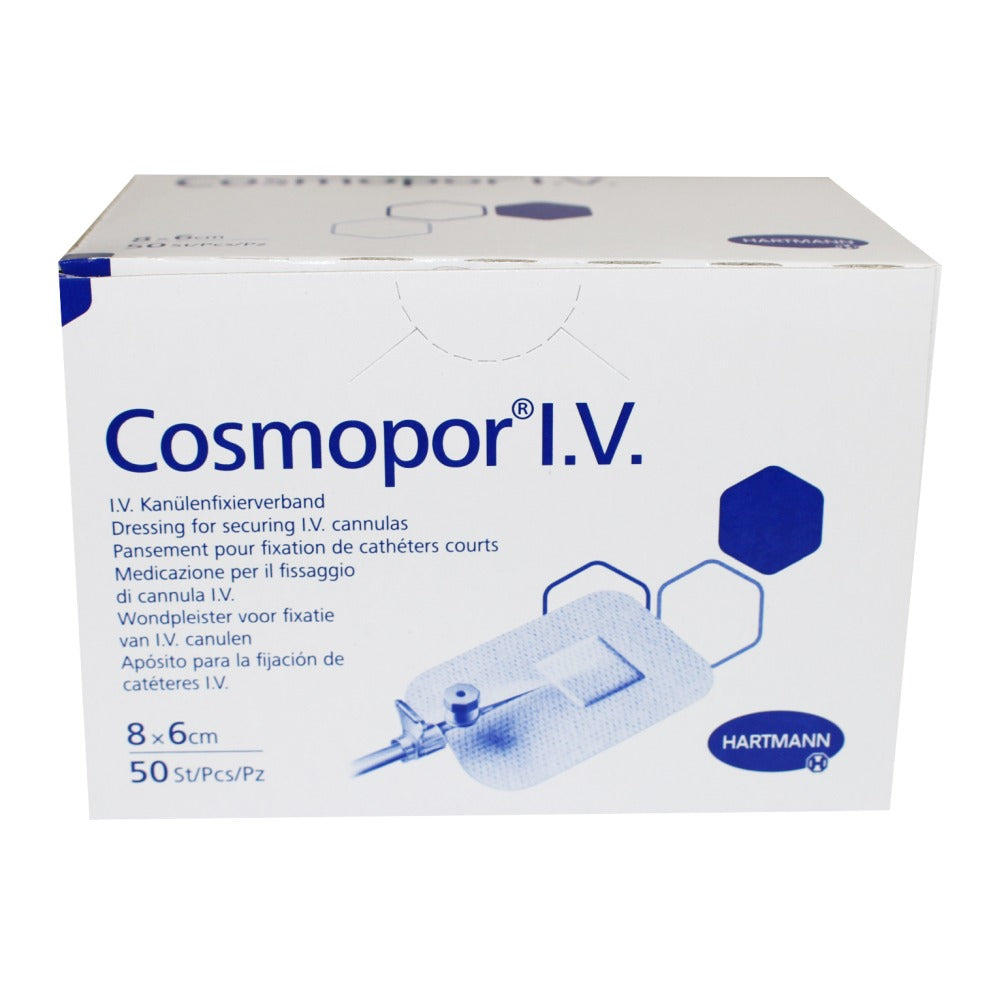 Frontansicht der Cosmopor® I.V. Pflaster-Verpackung mit Produktabbildung und mehrsprachiger Beschreibung.