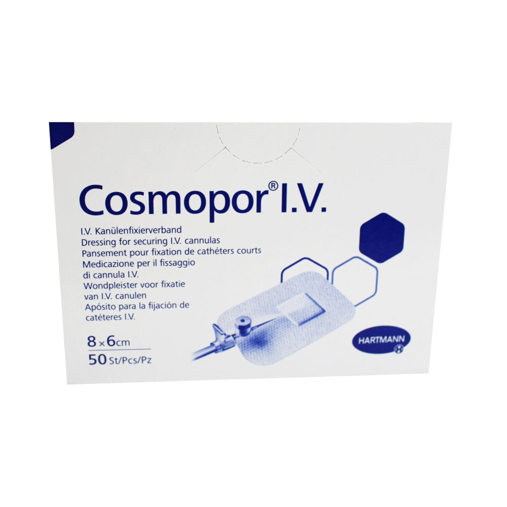 Nahaufnahme der Produktverpackung des Cosmopor® I.V. Pflasters mit Fokus auf das Pflaster-Design.