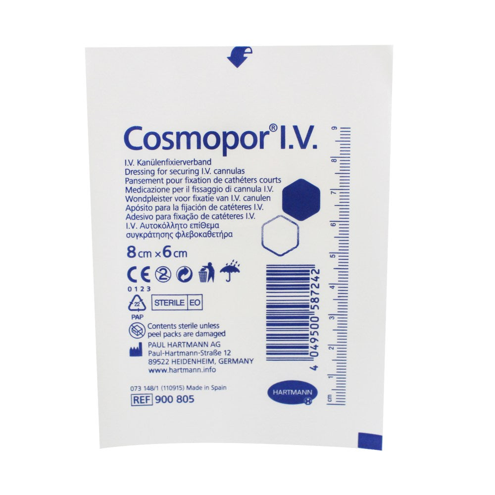 Einzeln verpacktes Cosmopor® I.V. Pflaster in steriler Verpackung mit Produktinformationen und Barcode.