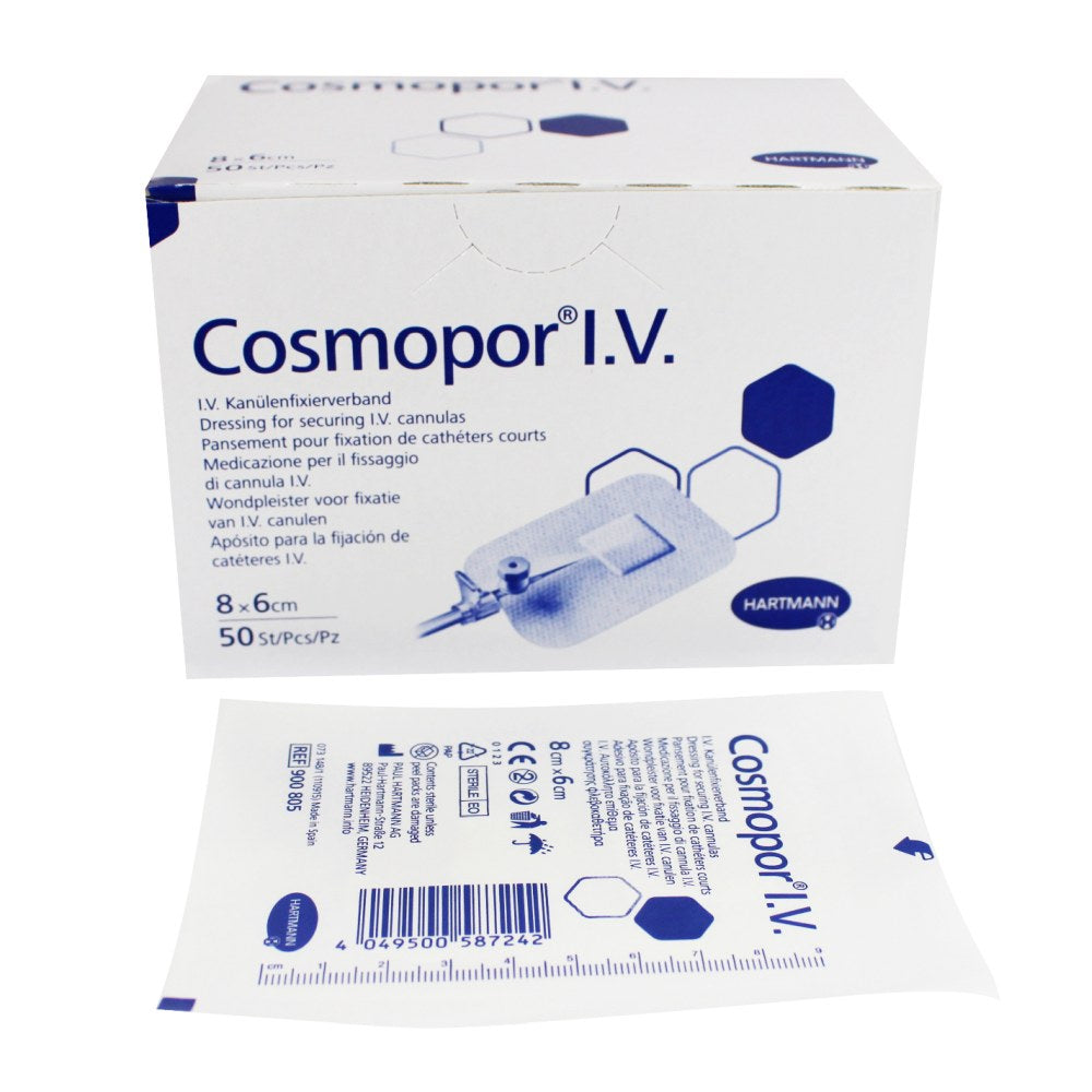 Kartonverpackung und Einzelverpackung des Cosmopor® I.V. Pflasters nebeneinander dargestellt.