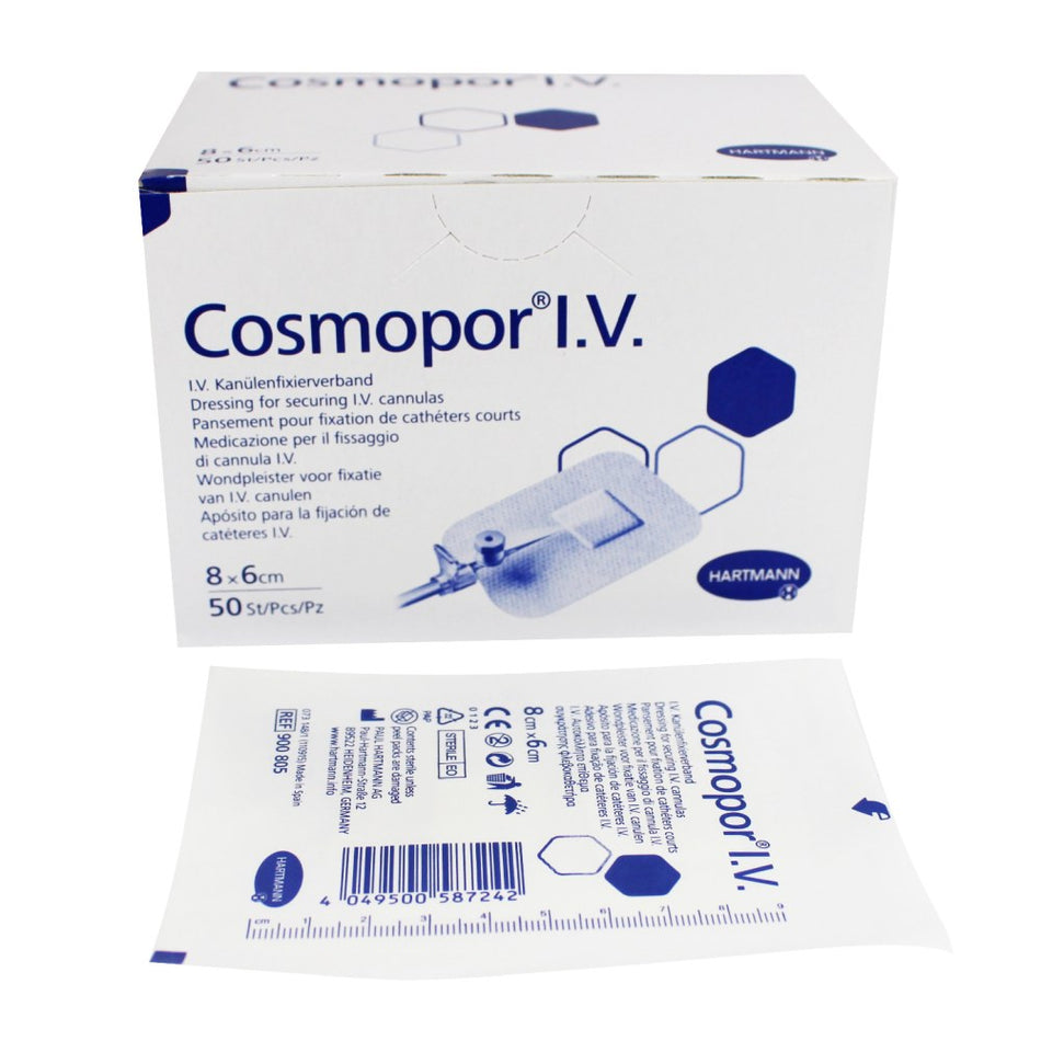Kartonverpackung und Einzelverpackung des Cosmopor® I.V. Pflasters nebeneinander dargestellt.