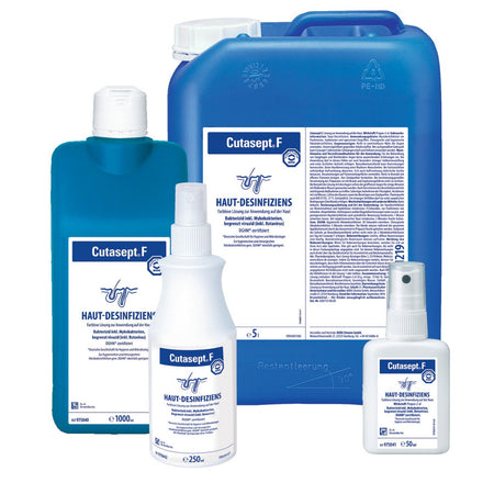 Cutasept F Produktübersicht mit 50 ml, 250 ml, 1000 ml Flasche und 5 Liter Kanister