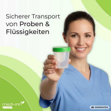 Medizinisches Fachpersonal hält Urinbecher 100 ml mit grünem Schraubdeckel
