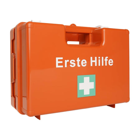 Oranger Erste-Hilfe-Koffer Typ L geschlossen Frontansicht mit grünem Kreuz, freigestellt