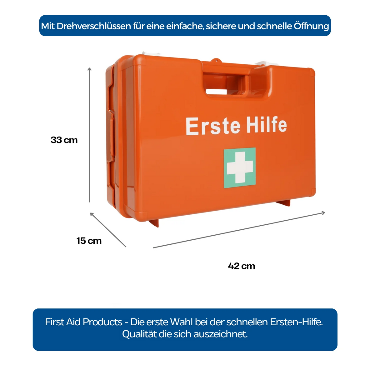 Oranger Erste-Hilfe-Koffer Typ L, Maße 42×33×15 cm, mit Drehverschlüssen freigestellt