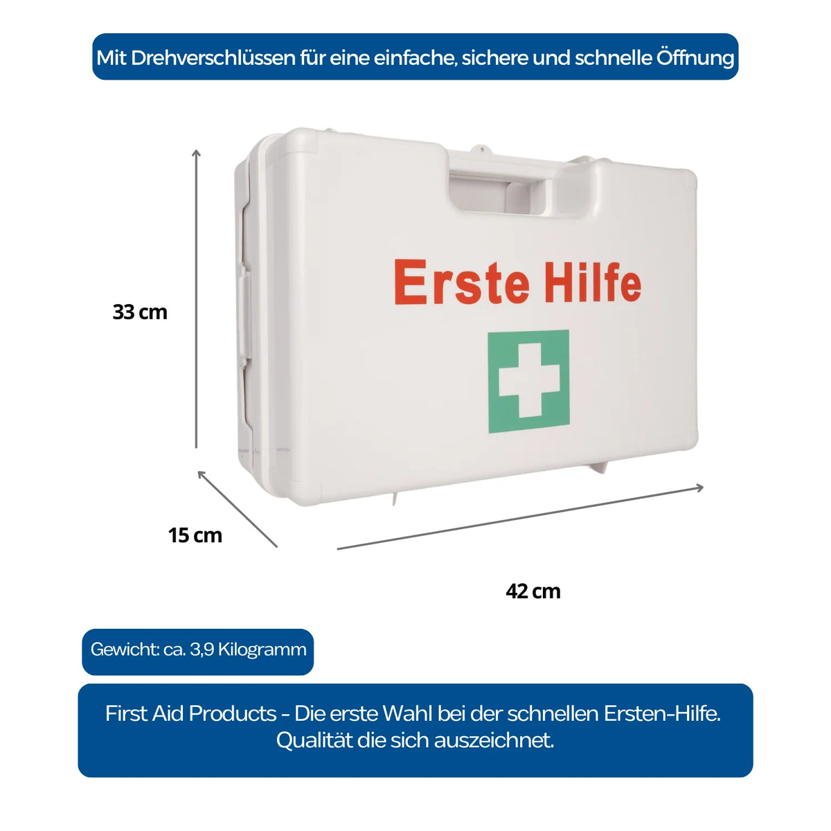 Weißer Erste-Hilfe-Koffer Typ L, Maße 42×33×15 cm, Gewicht 3,9 kg, mit Drehverschlüssen und Tragegriff