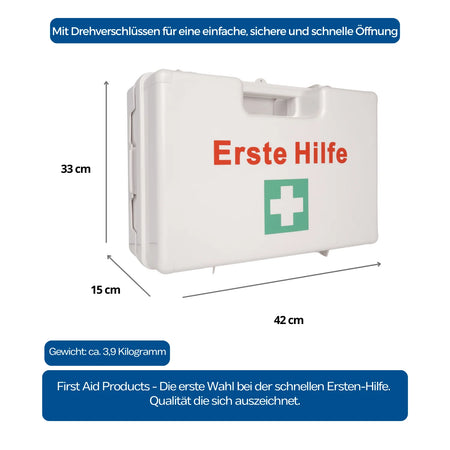 Weißer Erste-Hilfe-Koffer Typ L, Maße 42×33×15 cm, Gewicht 3,9 kg, mit Drehverschlüssen und Tragegriff