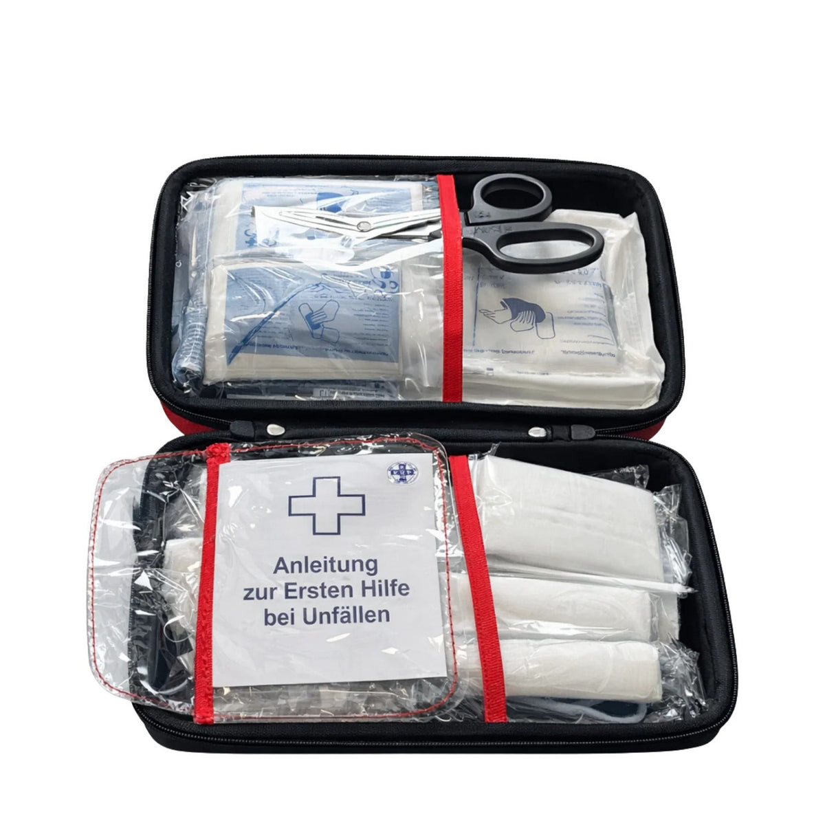 Geöffnete Erste-Hilfe Tasche mit DIN 13157 Verbandmaterial