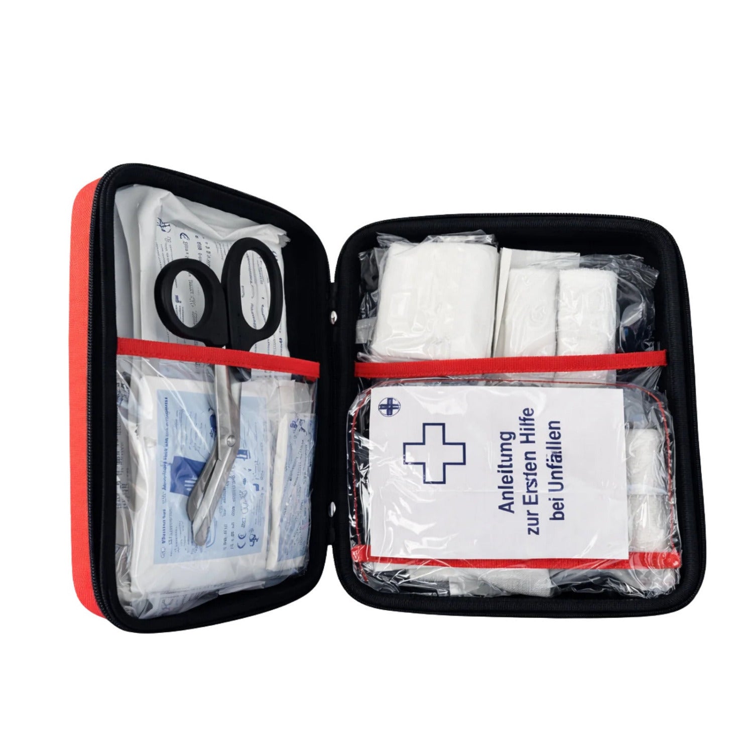 Innenansicht der Erste-Hilfe Tasche mit Verbandmaterial und Anleitung