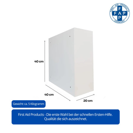 AED-Metallschrank von der Seite mit Maßangaben 40 × 40 × 20 cm, Gewicht ca. 5 kg, robust aus Stahlblech gefertigt.