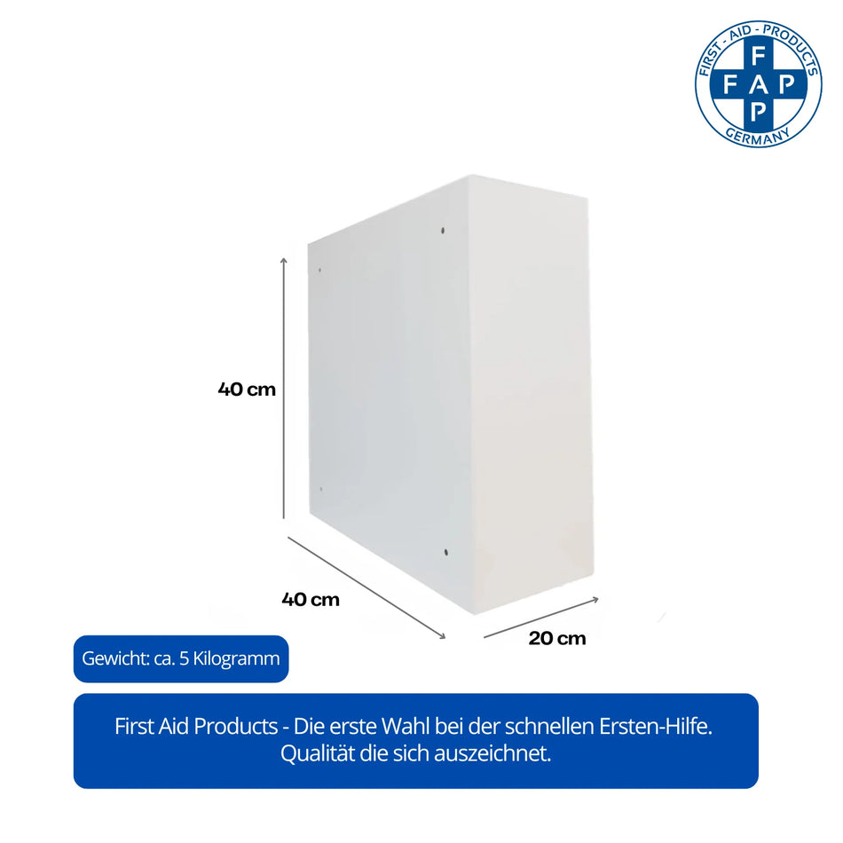 AED-Metallschrank von der Seite mit Maßangaben 40 × 40 × 20 cm, Gewicht ca. 5 kg, robust aus Stahlblech gefertigt.