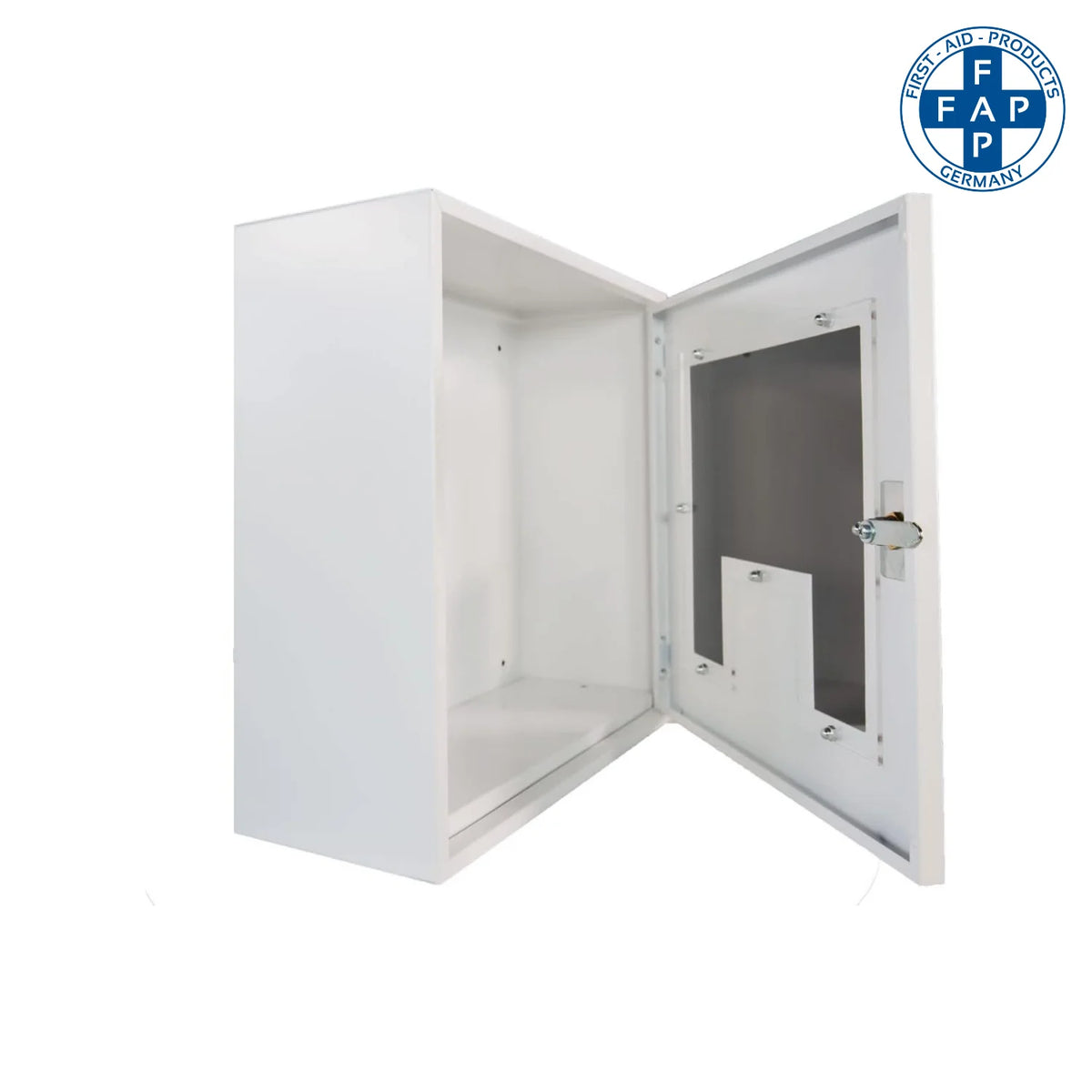 Geöffneter AED-Metallschrank aus Stahlblech mit Plexiglas-Sichtfenster und abschließbarer Tür.