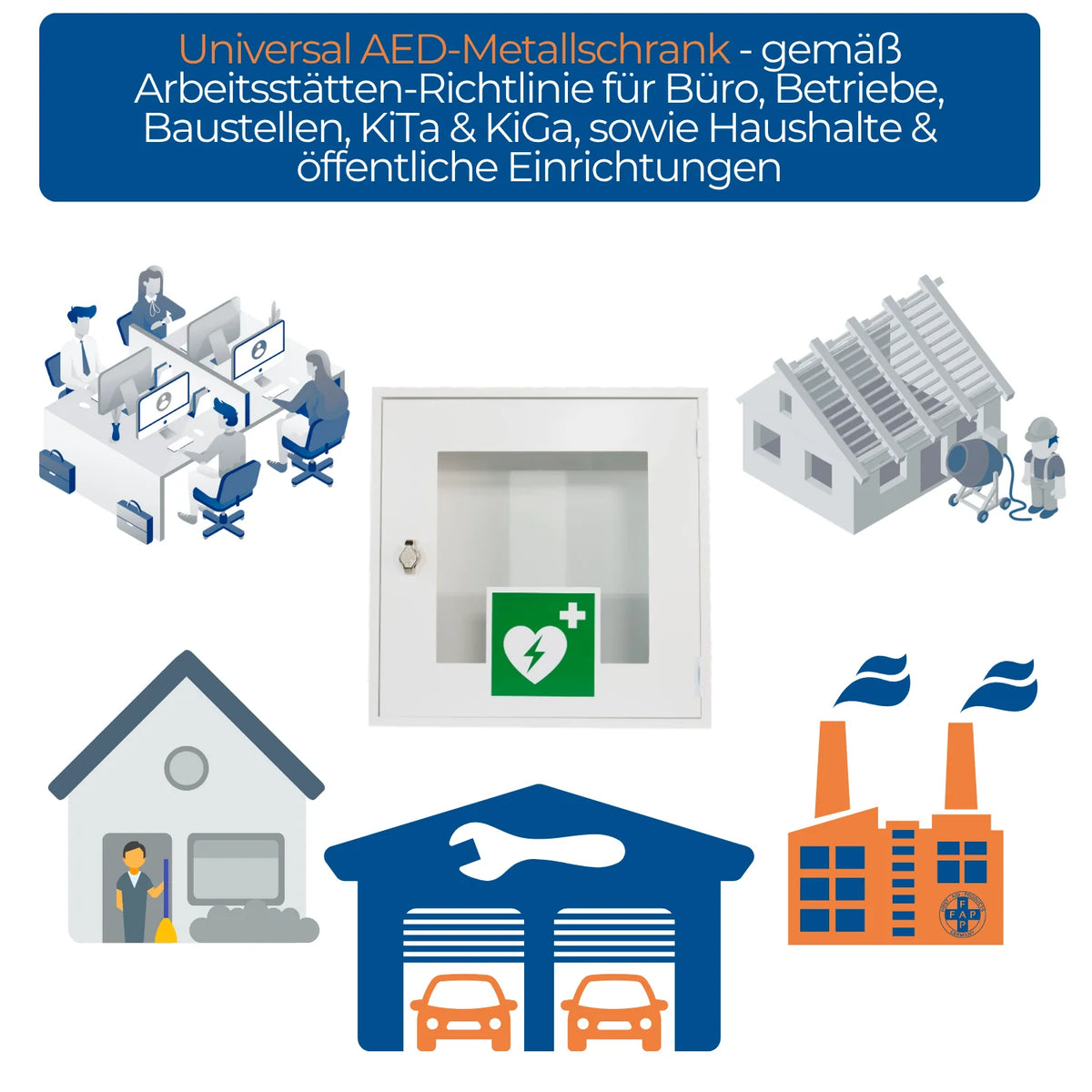 Universal AED-Metallschrank mit Symbol, dargestellt für Einsatz in Büro, Werkstatt, Baustelle, Kita und öffentlichen Einrichtungen.