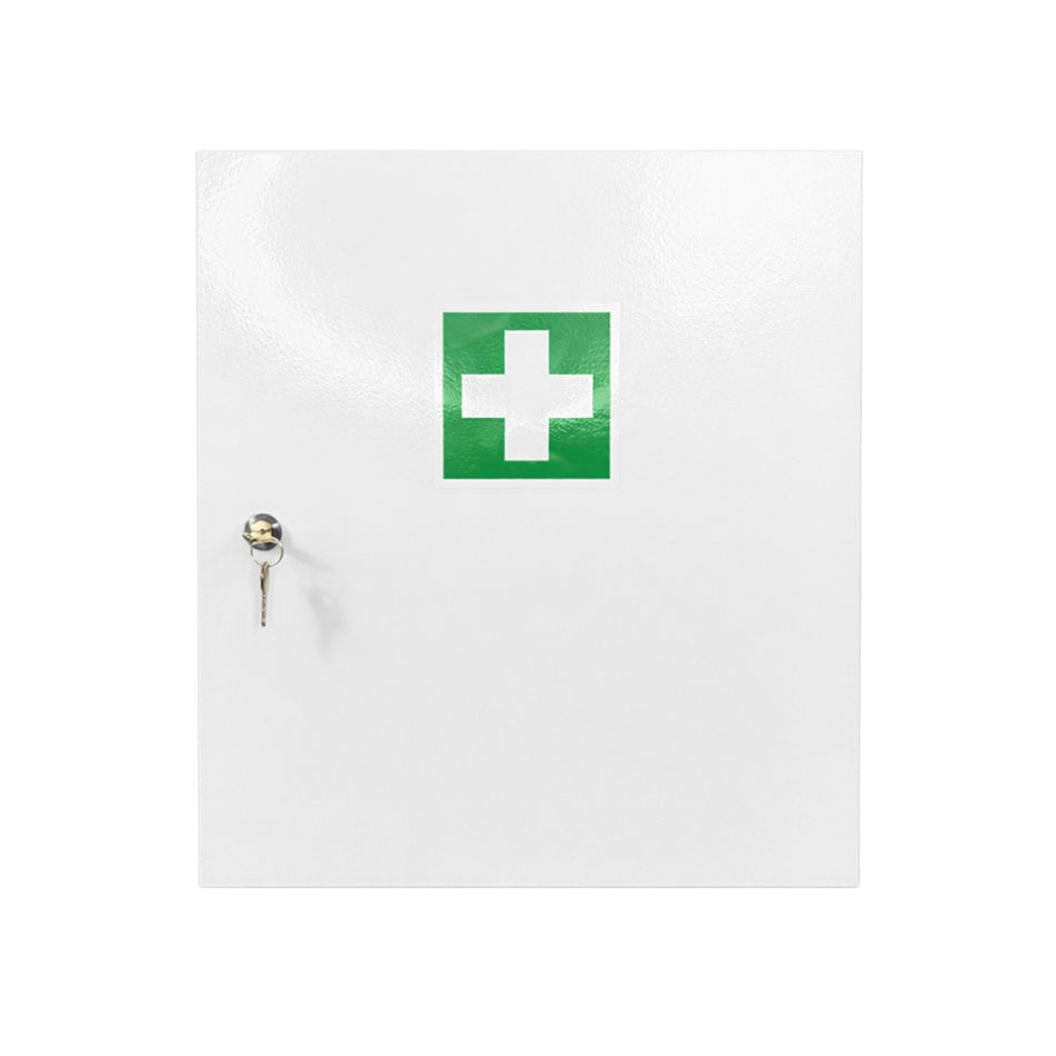 Verbandschrank D aus Metall in Weiß mit Schloss und grünem Erste-Hilfe-Symbol in Frontalansicht.