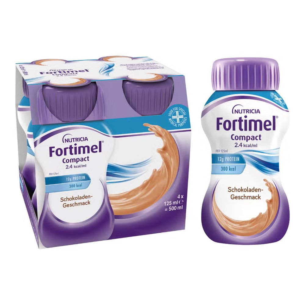 Fortimel Compact Schokoladengeschmack von Nutricia: 4er-Träger und einzelne 125-ml-Flasche, lila-weiß