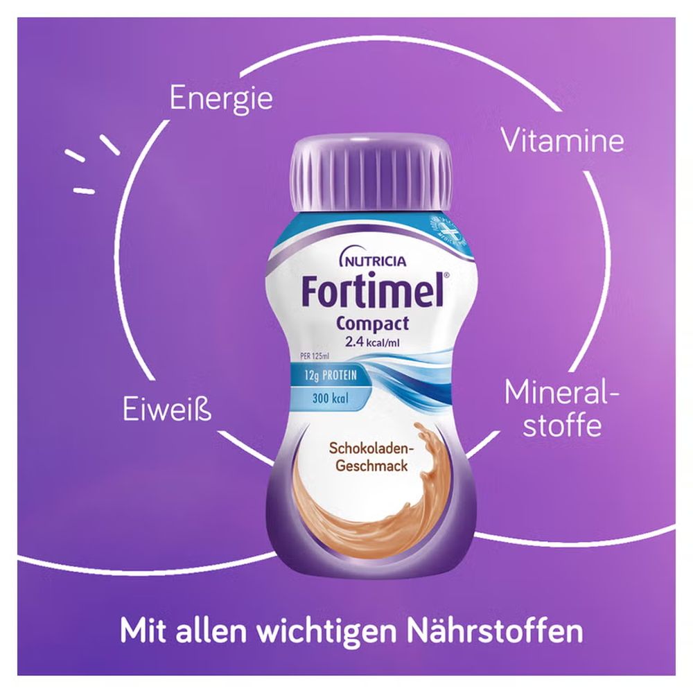 Infografik Fortimel Compact Schokolade 125 ml mit Nährstoffkreis: Energie, Eiweiß, Vitamine, Mineralstoffe