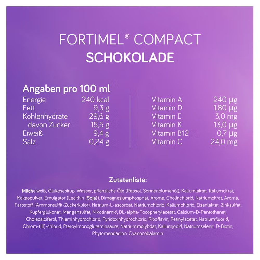 Nährwerttabelle Fortimel Compact Schokolade pro 100 ml mit Vitaminen und vollständiger Zutatenliste