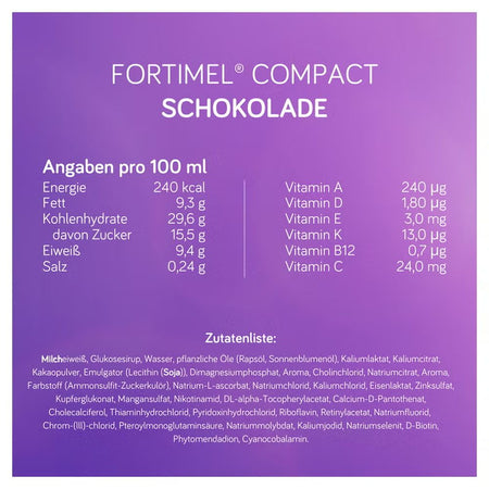 Nährwerttabelle Fortimel Compact Schokolade pro 100 ml mit Vitaminen und vollständiger Zutatenliste