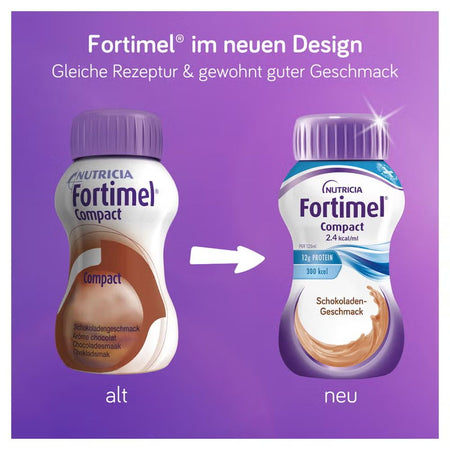 Fortimel Compact Schokoladengeschmack: Vergleich altes und neues Flaschendesign, gleiche Rezeptur