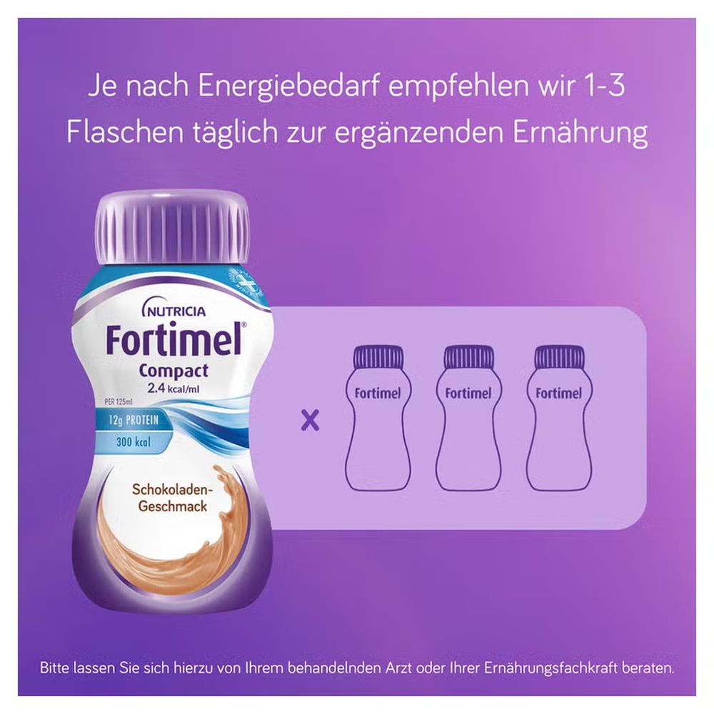 Infografik Fortimel Compact Schokolade: Empfehlung 1 bis 3 Flaschen täglich zur ergänzenden Ernährung