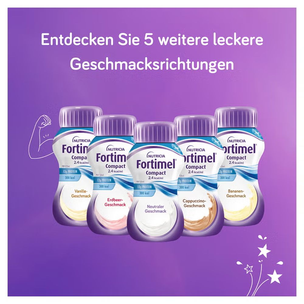 Fünf Fortimel Compact Flaschen 125 ml: Vanille, Erdbeere, Neutral, Cappuccino und Bananengeschmack