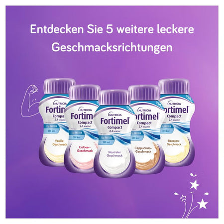 Fünf Fortimel Compact Flaschen 125 ml: Vanille, Erdbeere, Neutral, Cappuccino und Bananengeschmack