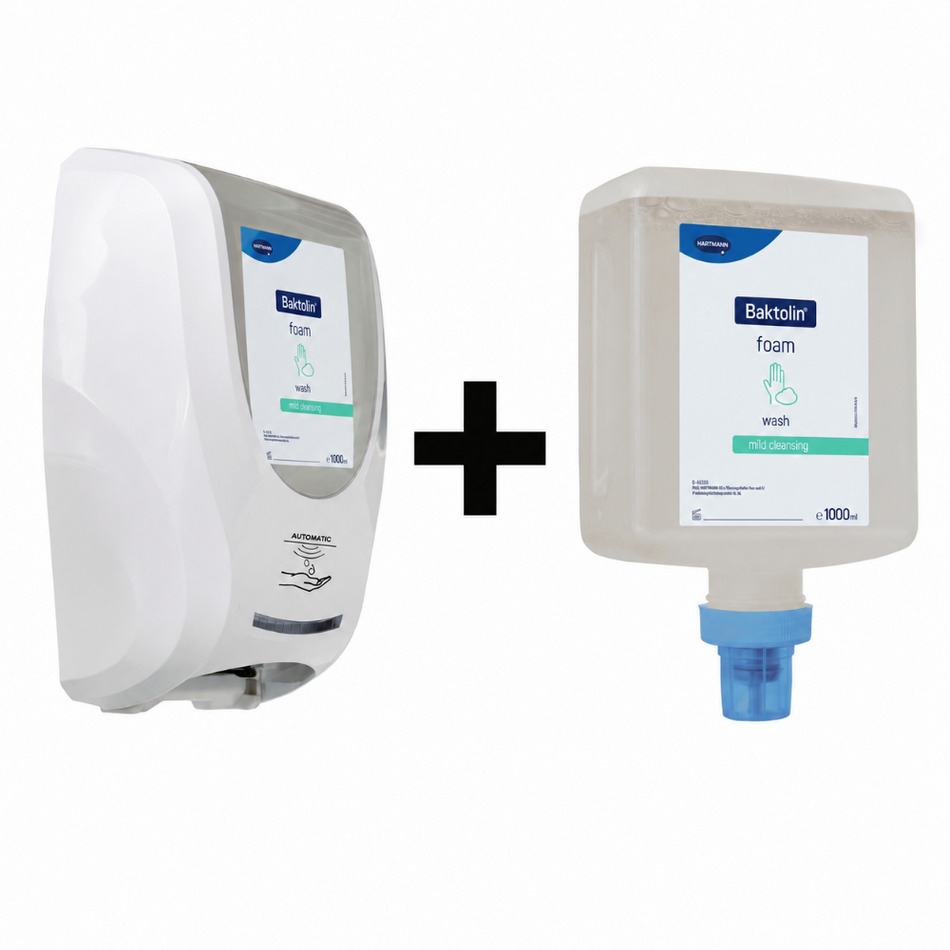 Hartmann CleanSafe touchless Dosierspender für Überkopfflaschen + Baktolin foam wash Handreinigungsschaum Überkopfflasche 1000 ml
